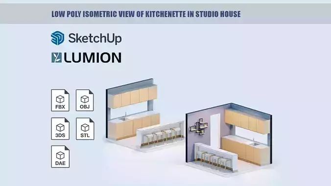 Low poly isometric view of kitchenette in studio house Low-poly 3D model
