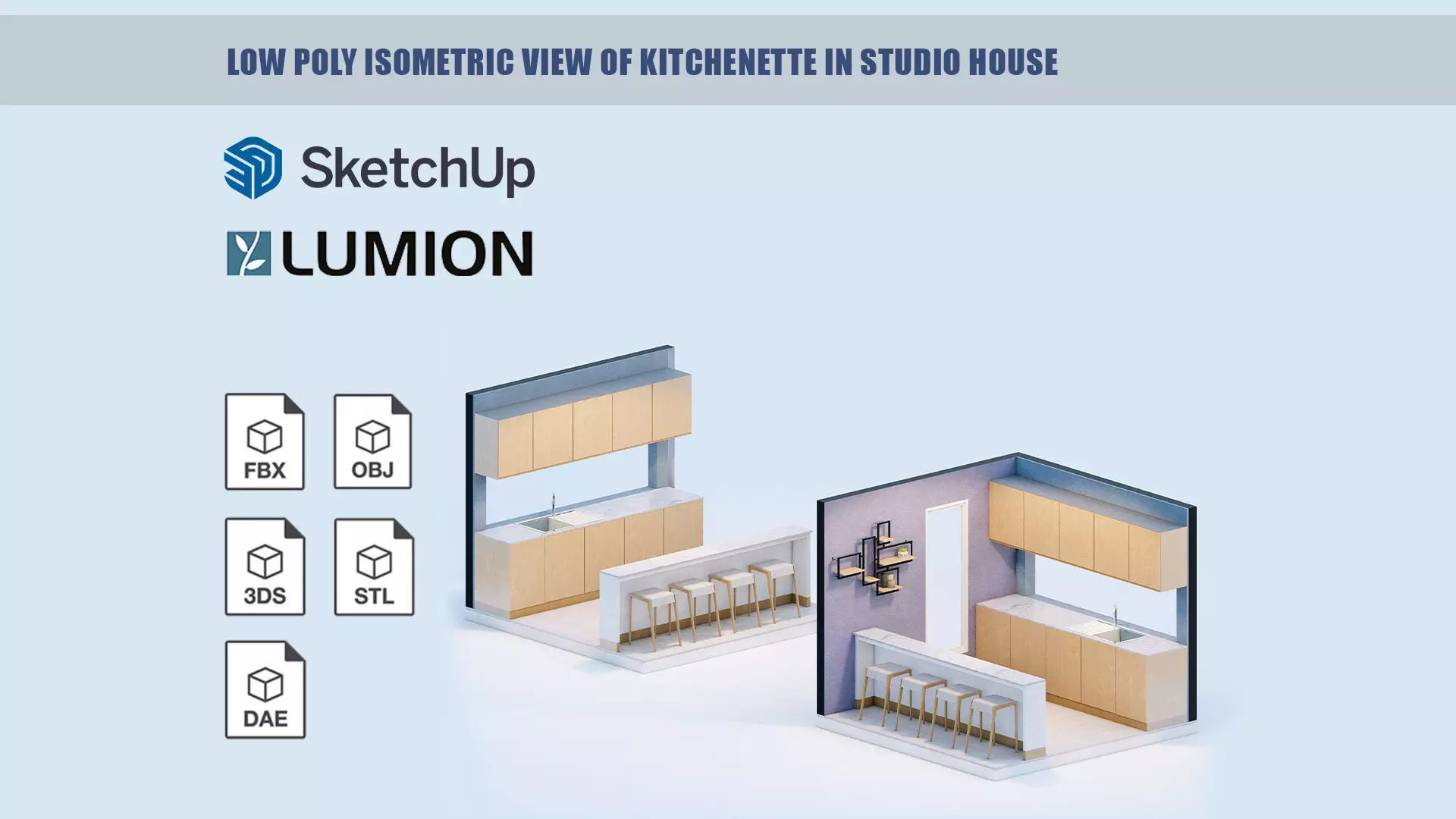 Low poly isometric view of kitchenette in studio house Low-poly 3D model_0