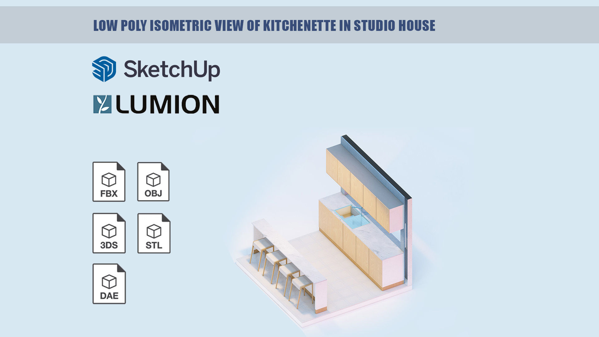 Low poly isometric view of kitchenette in studio house Low-poly 3D model_2