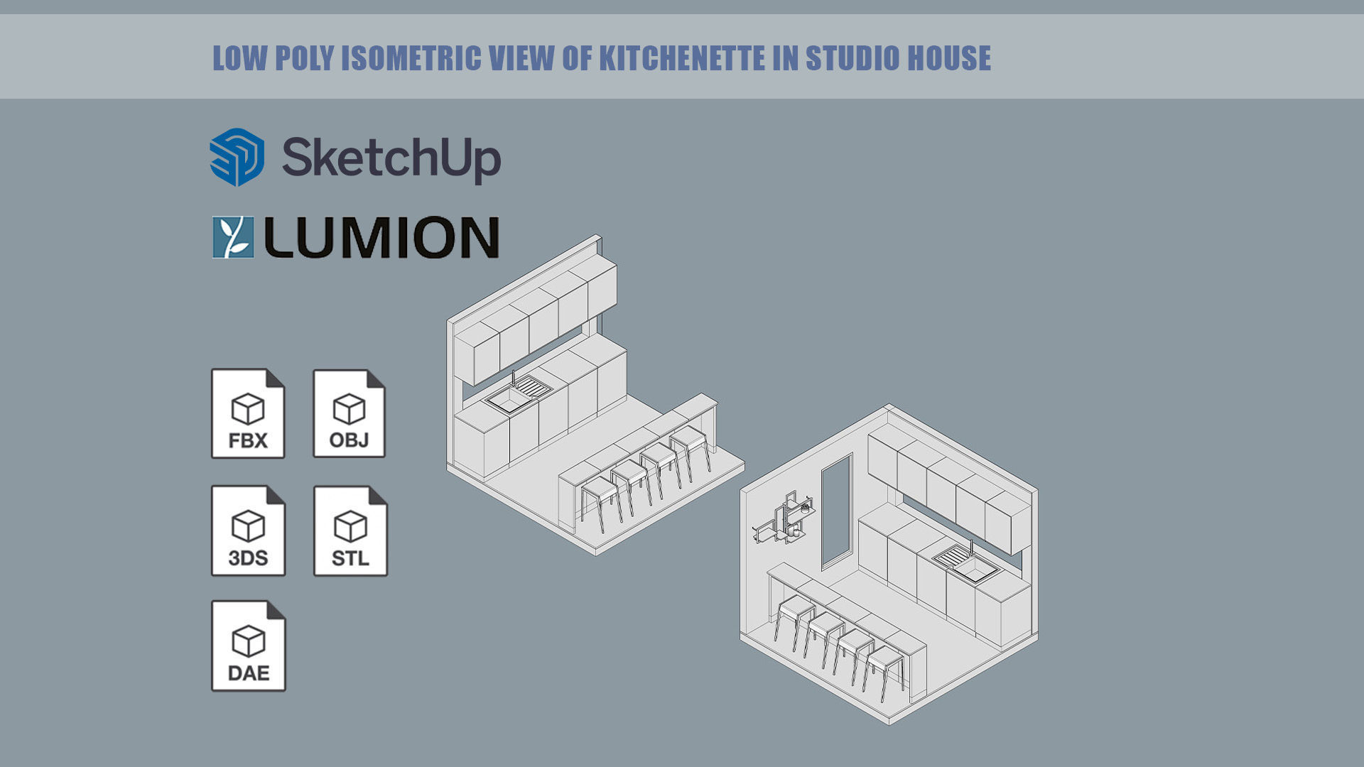 Low poly isometric view of kitchenette in studio house Low-poly 3D model_6