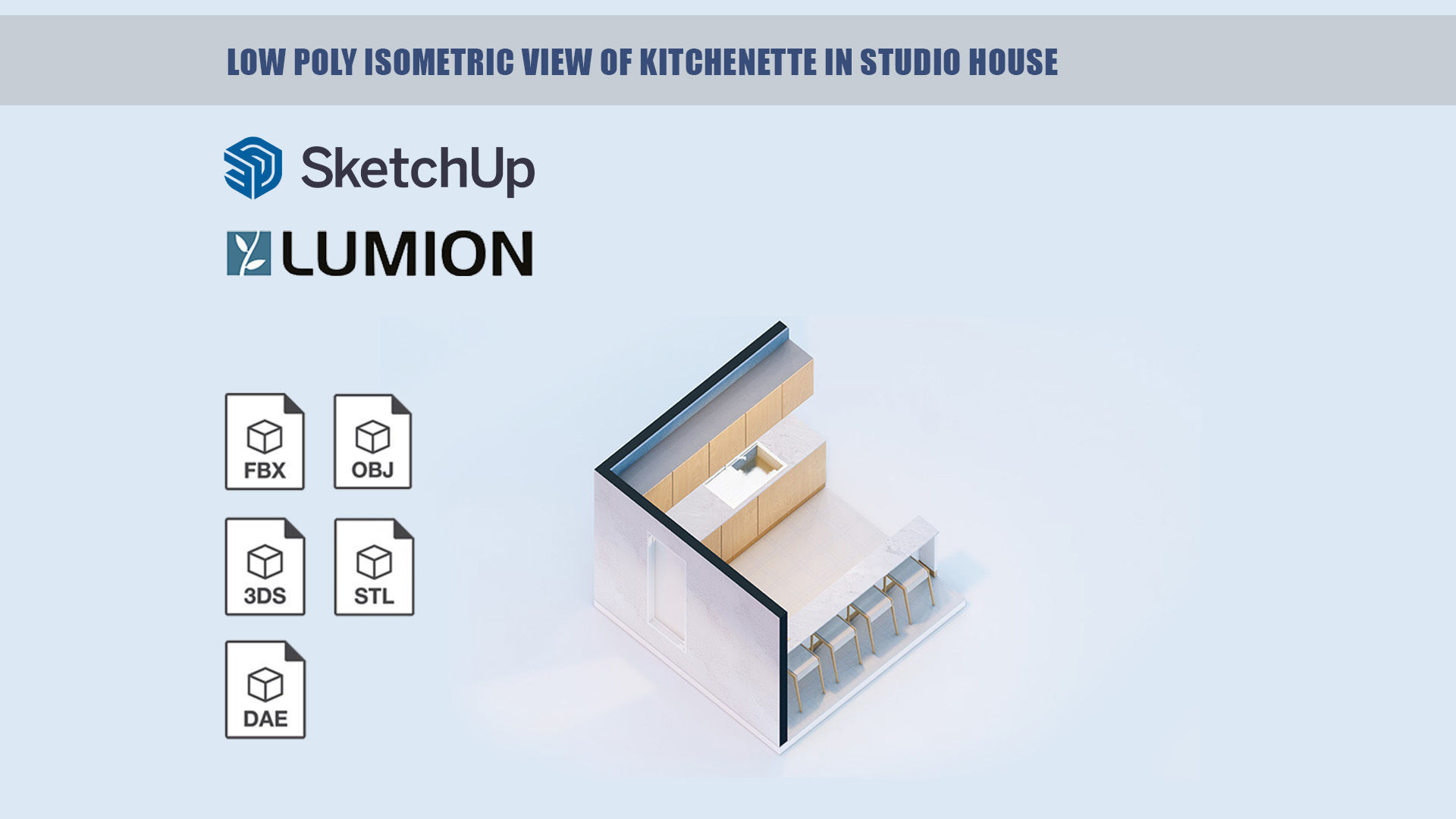 Low poly isometric view of kitchenette in studio house Low-poly 3D model_4