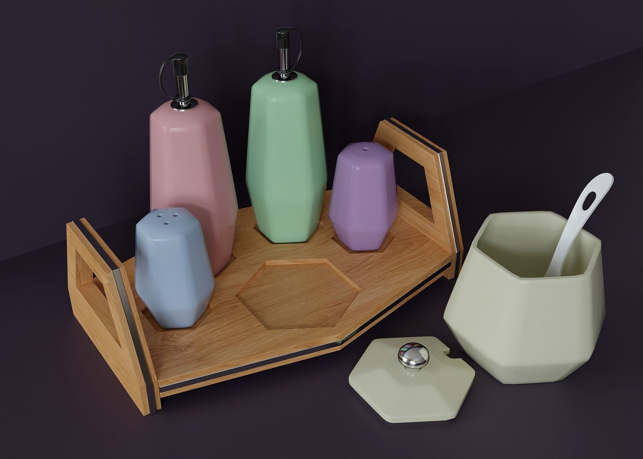 Table set for condiments 3 Low-poly 3D model_1