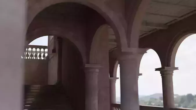 Palace stairs leading up to building with arches 3D model