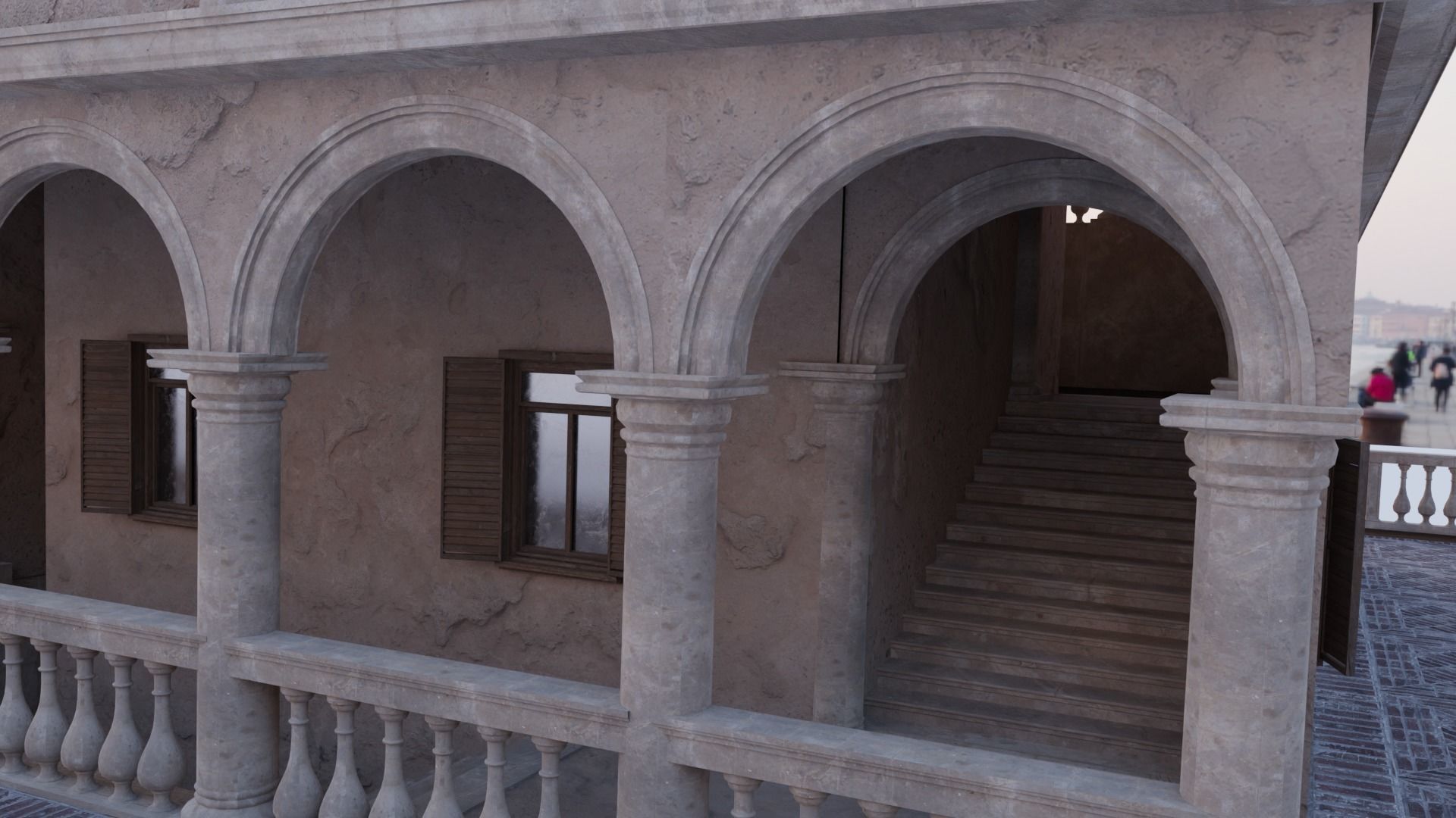 Palace stairs leading up to building with arches 3D model_3