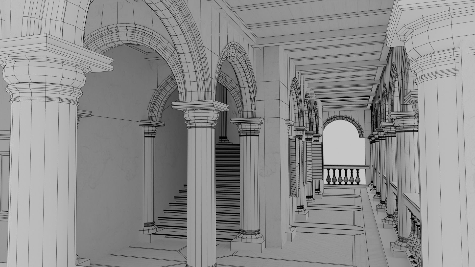 Palace stairs leading up to building with arches 3D model_11