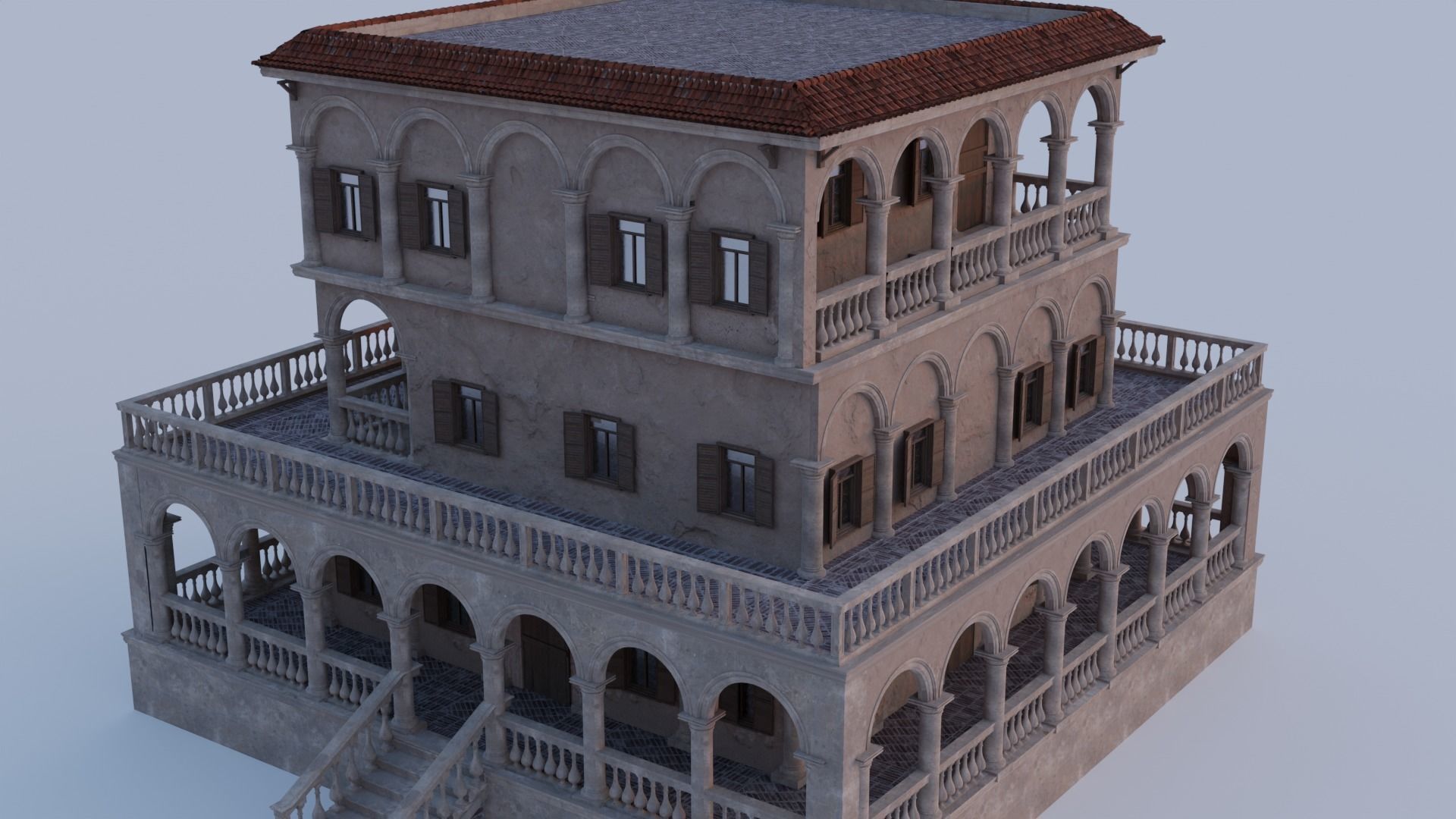 Palace stairs leading up to building with arches 3D model_1