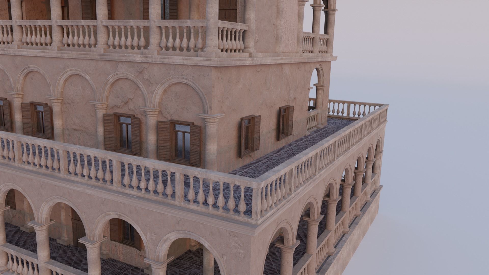 Palace stairs leading up to building with arches 3D model_2