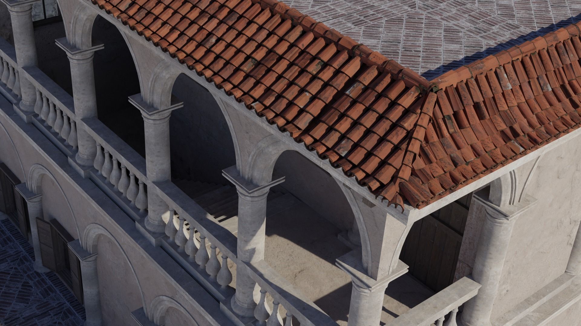 Palace stairs leading up to building with arches 3D model_5