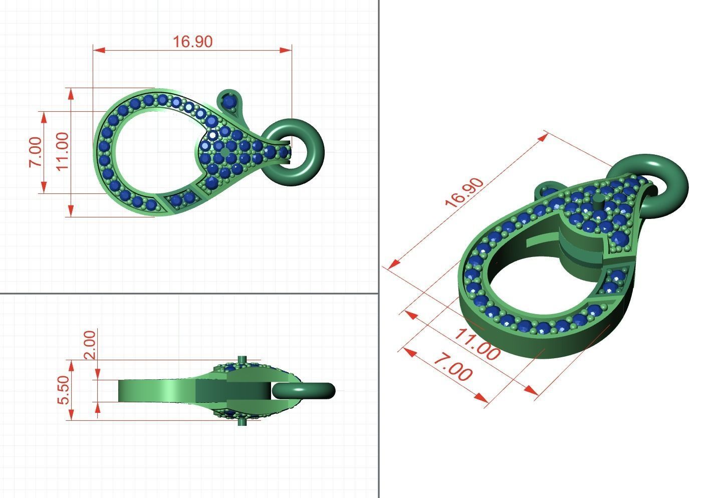 Diamond Lobster Clasp Lock 3D print model_9