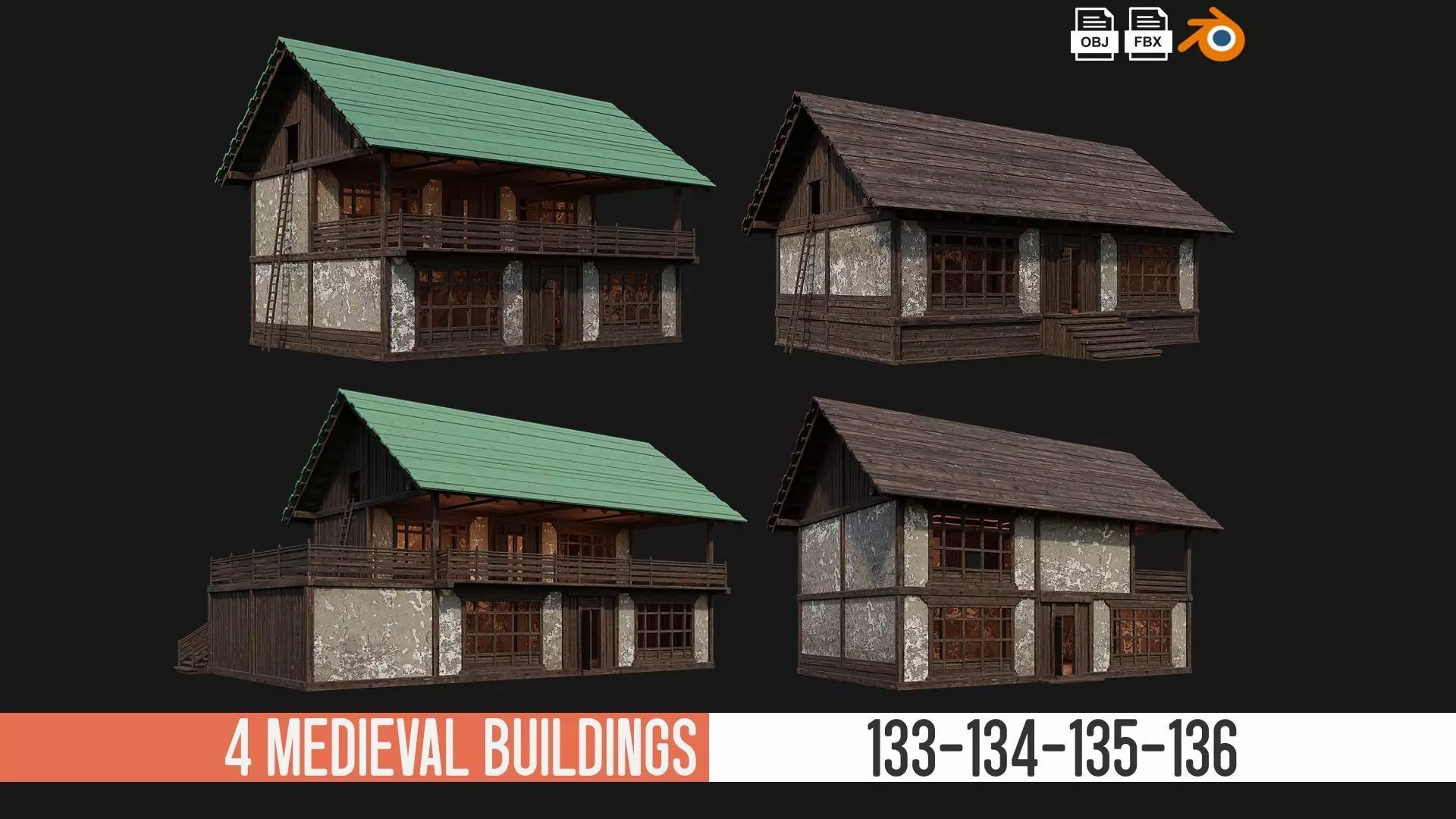 4 Old Medieval Building Pack 4K Textures GameReady 133 to 136 Low-poly 3D model