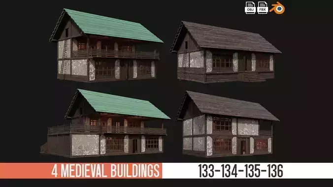4 Old Medieval Building Pack 4K Textures GameReady 133 to 136 Low-poly 3D model