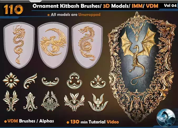110 Ornament Kitbash Brushes- 3D Models- IMM- VDM Vol 04 3D model