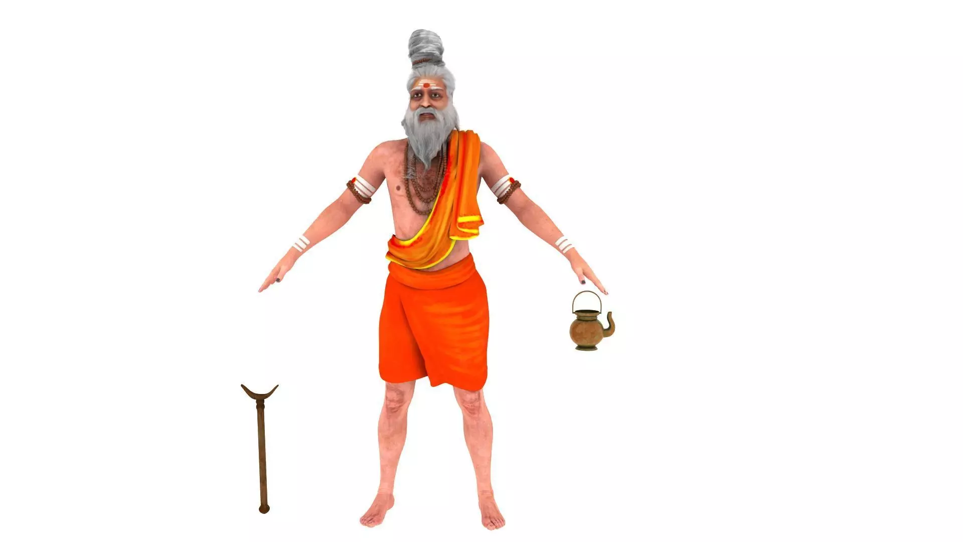sage 3d model man in orange robe holding pot 3D model_0