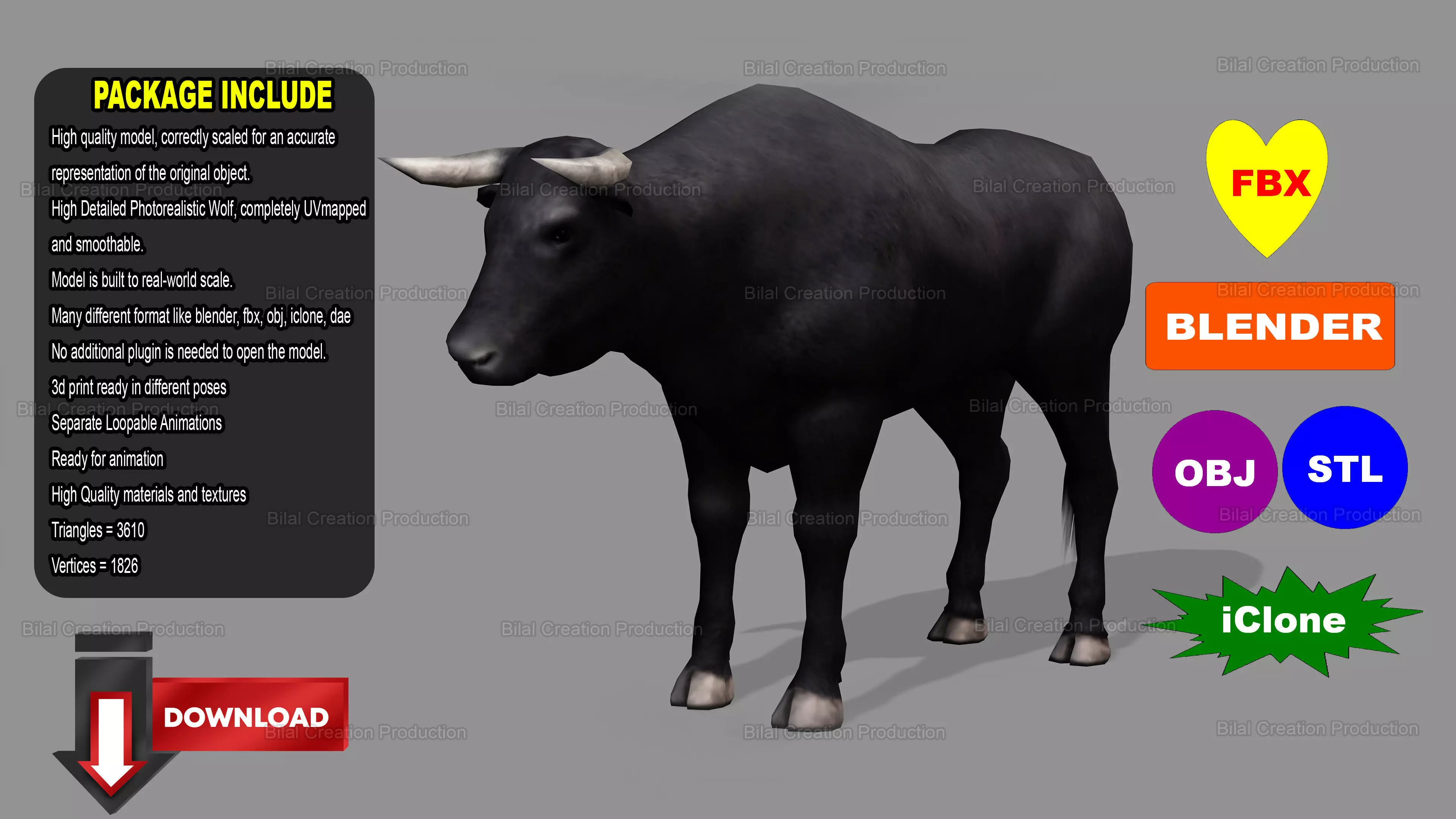 BULL ANIMATED Low-poly 3D model_0