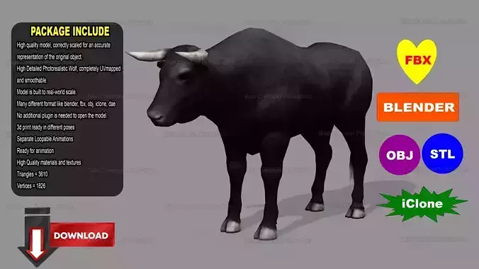 BULL ANIMATED Low-poly 3D model