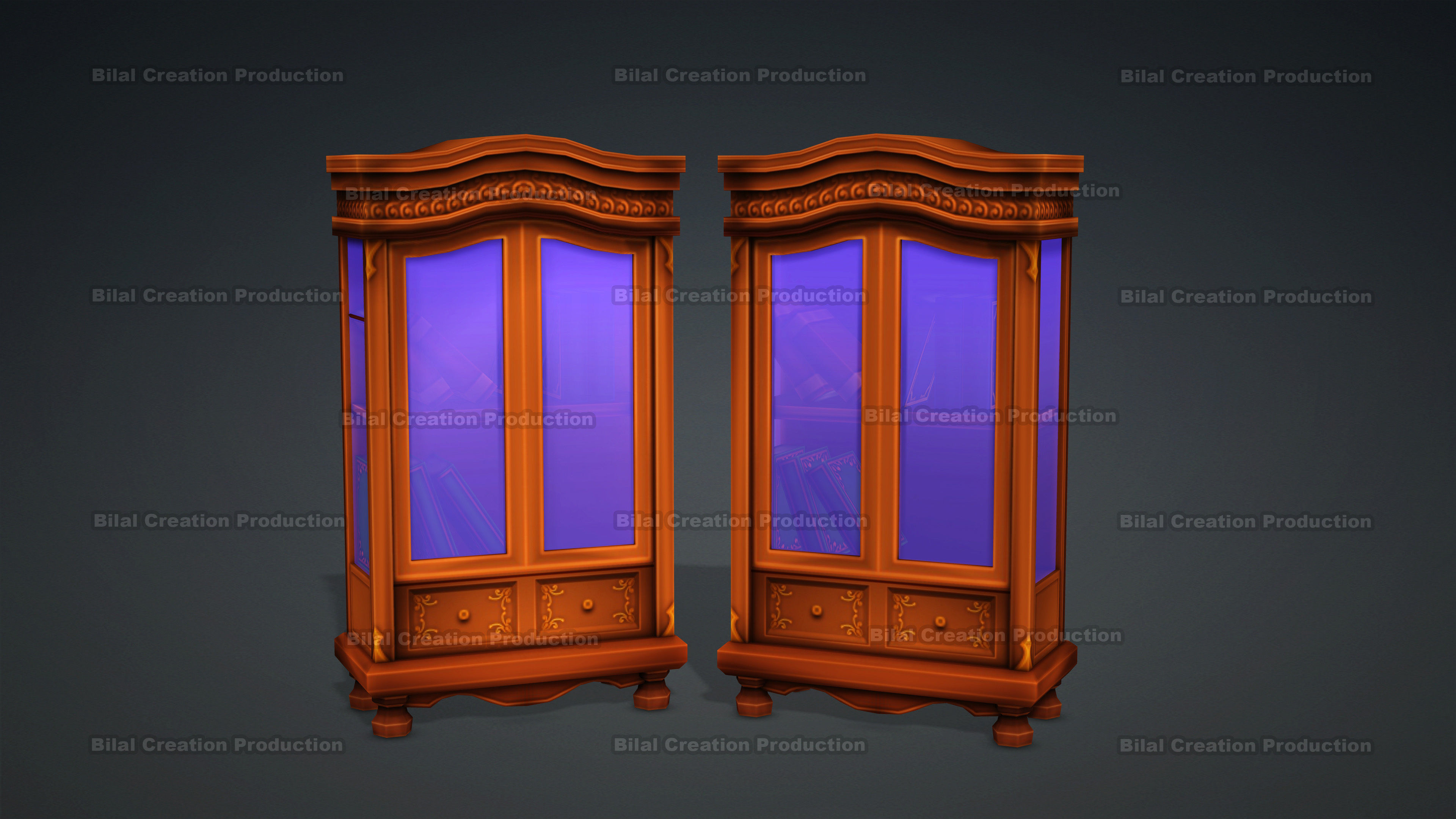 BOOKCASE old wooden cabinet with glass Low-poly 3D model_5