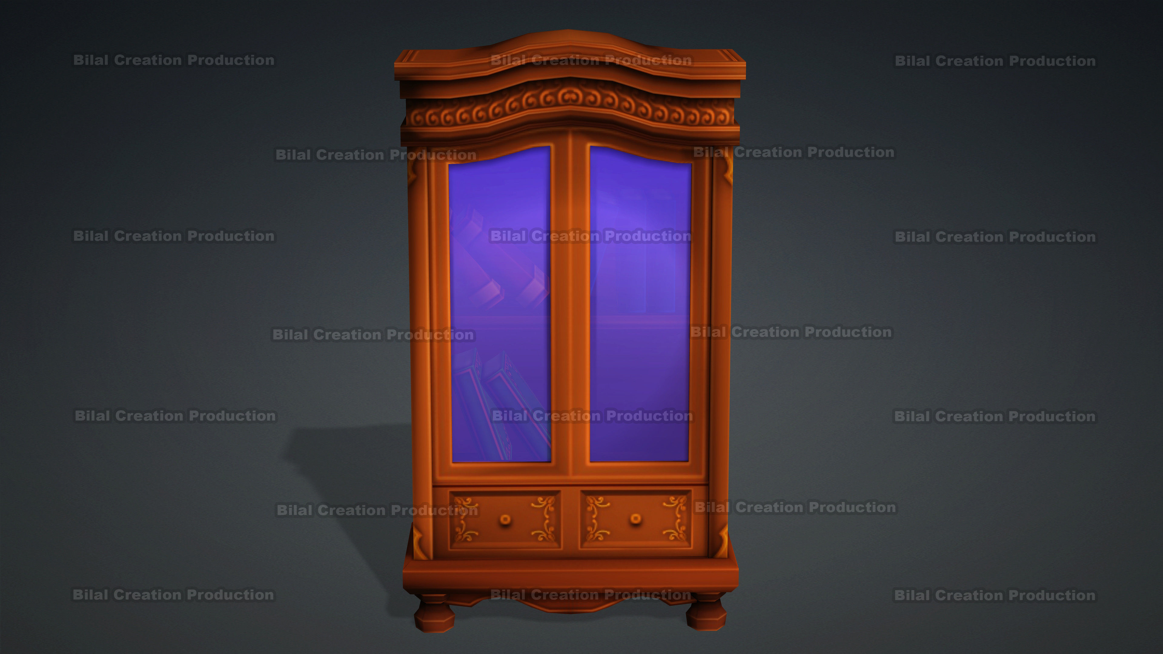 BOOKCASE old wooden cabinet with glass Low-poly 3D model_2