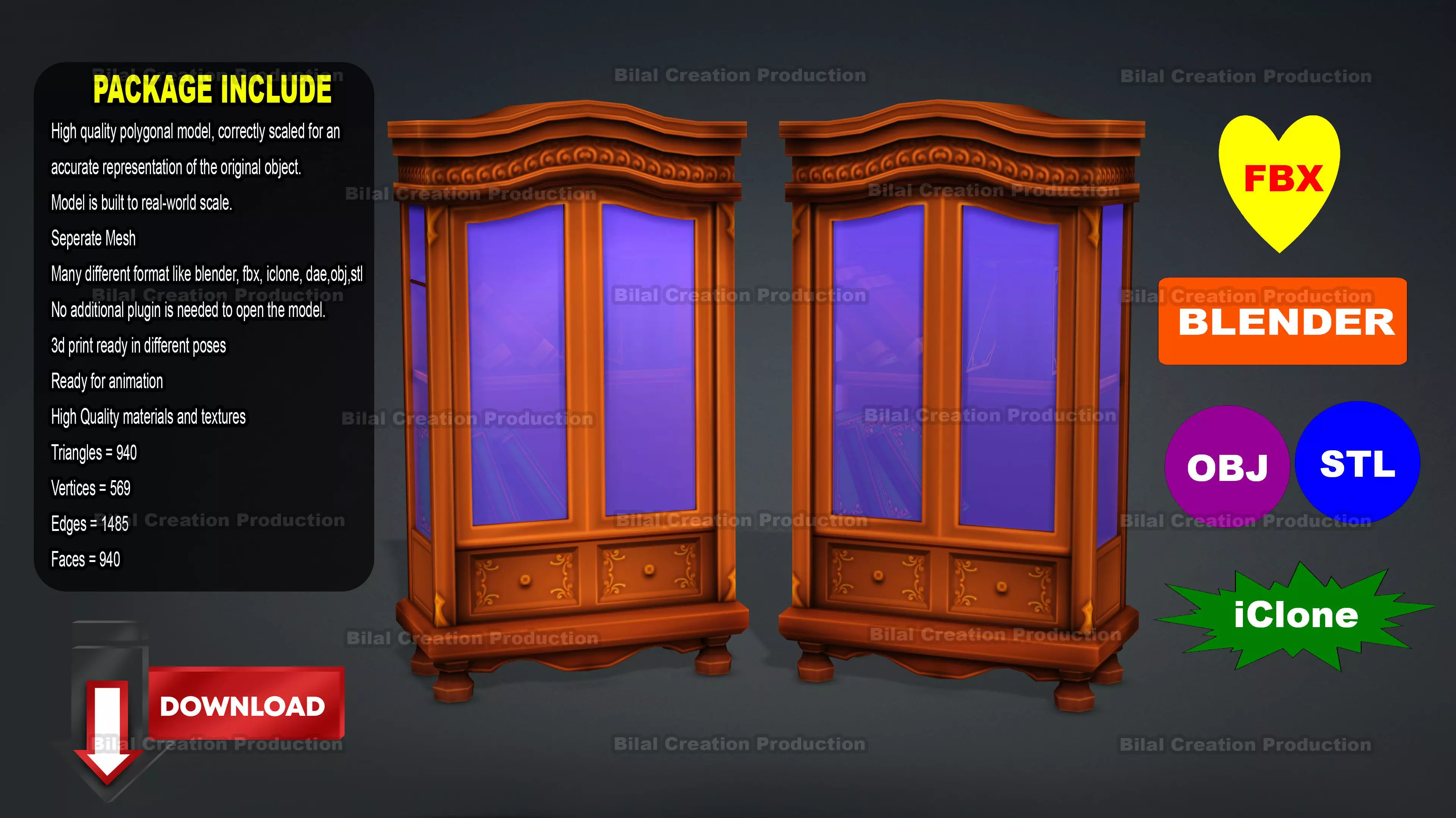 BOOKCASE old wooden cabinet with glass Low-poly 3D model_0