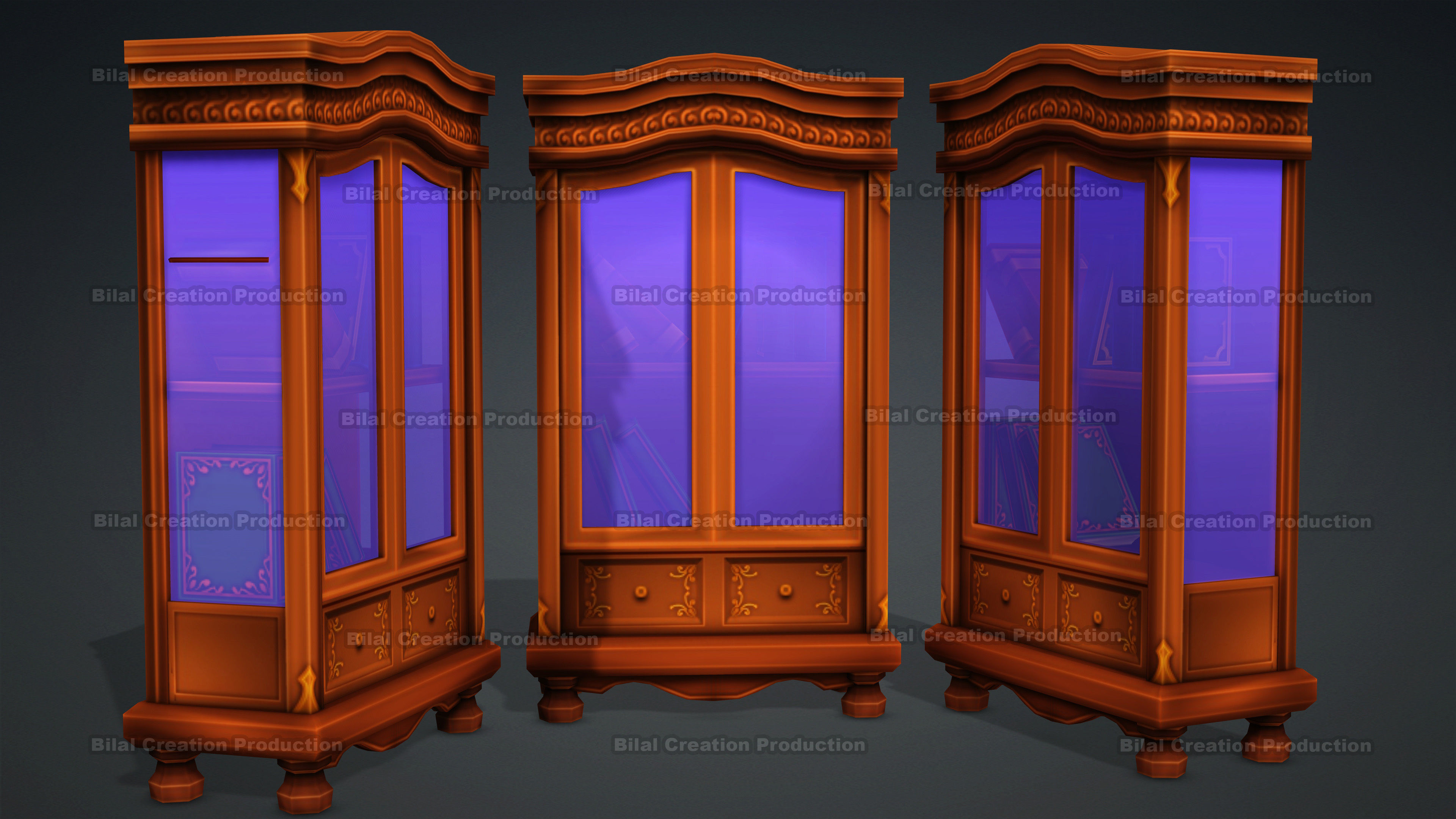 BOOKCASE old wooden cabinet with glass Low-poly 3D model_3