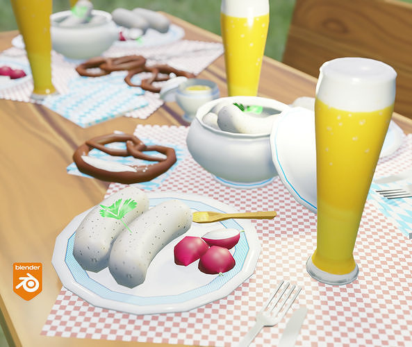 Bavarian veal sausage and beer  -Bavaria Breakfast- Low-poly 3D model