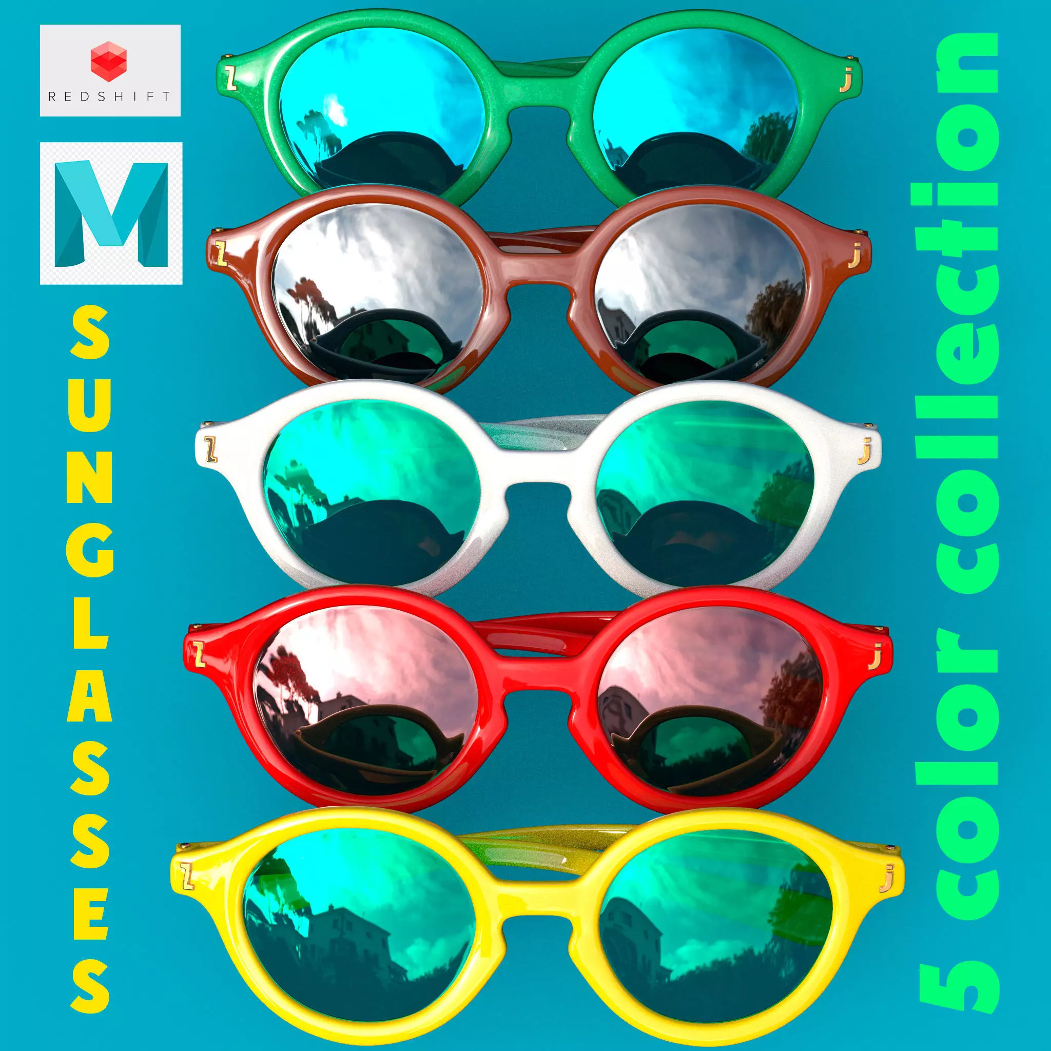 Sunglasses in 5 different colors Collection Low-poly 3D model_0