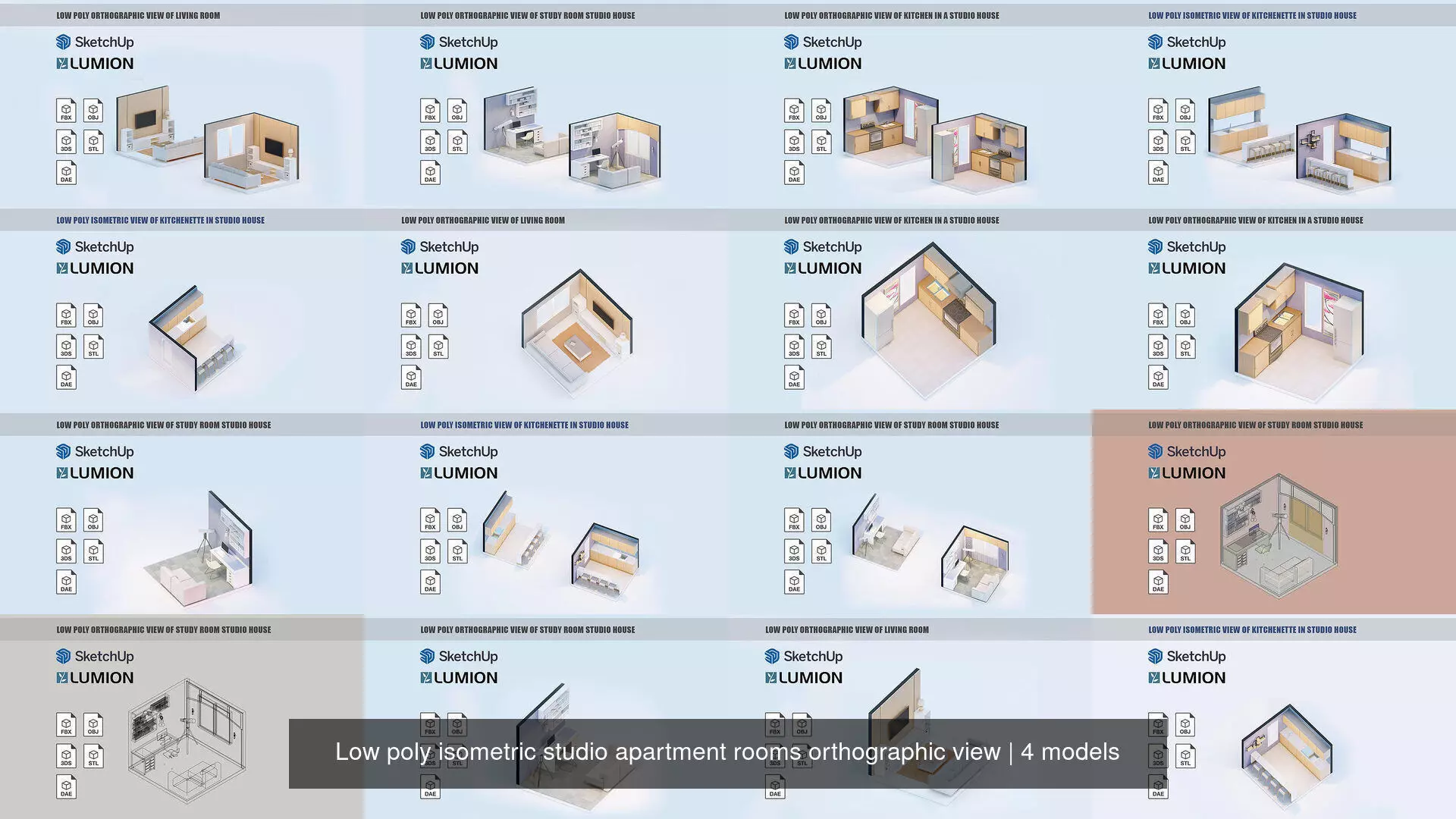 Low poly isometric studio apartment rooms orthographic view 3D Model Collection_0