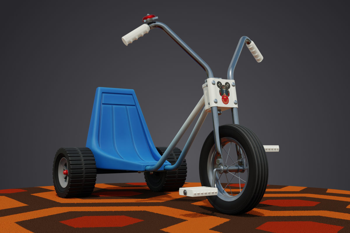 Tricycle on orange carpet Low-poly 3D model_2