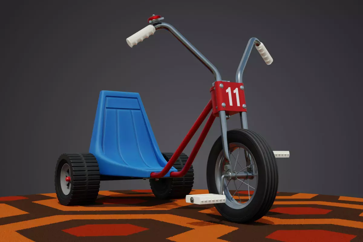 Tricycle on orange carpet Low-poly 3D model_0