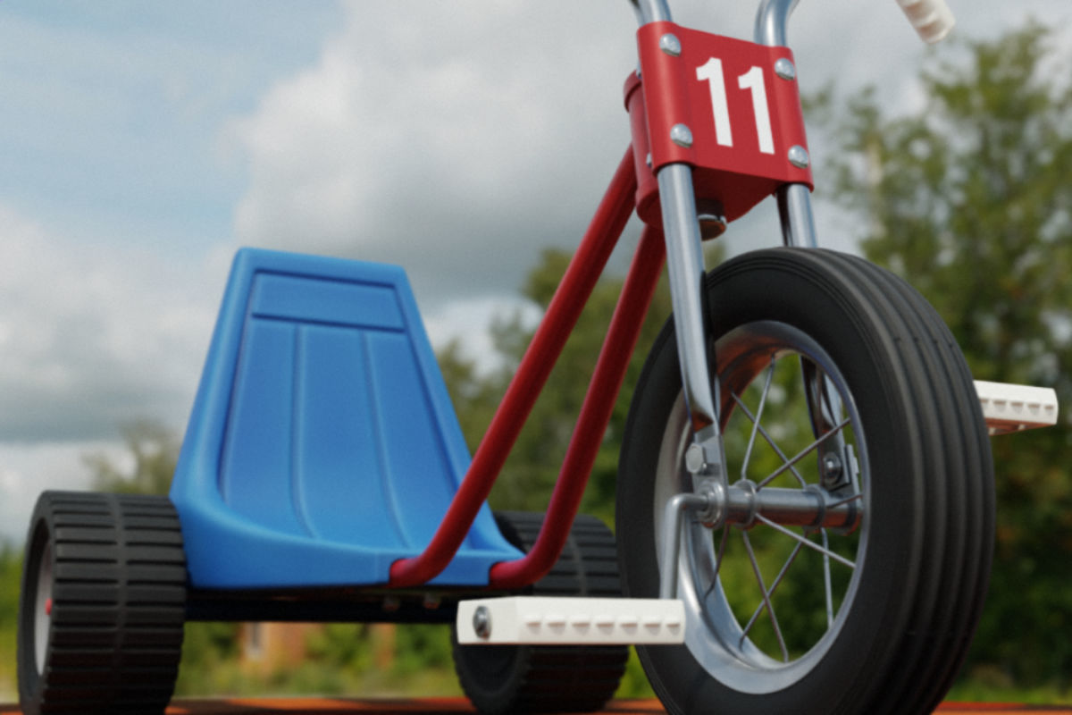 Tricycle on orange carpet Low-poly 3D model_13