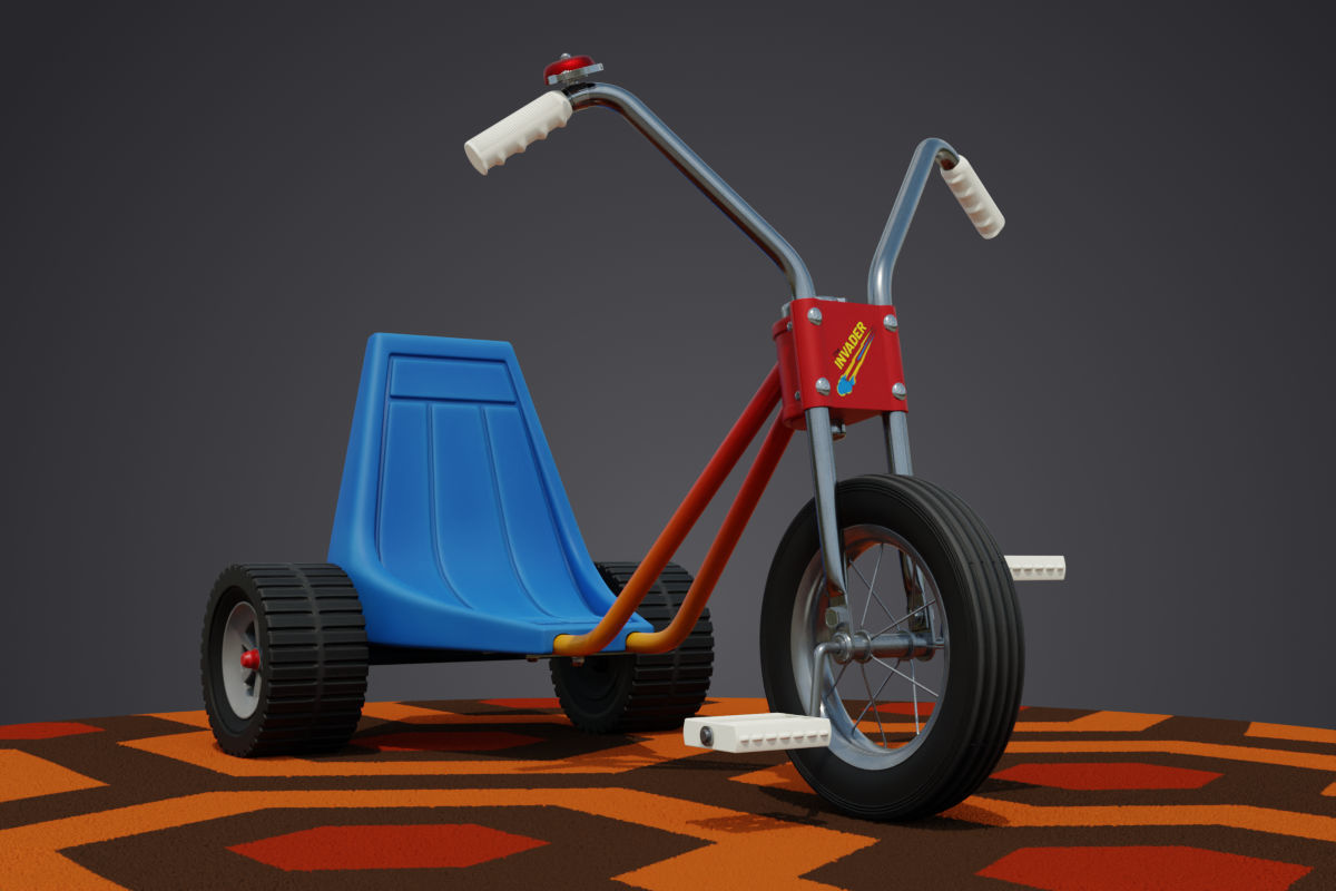 Tricycle on orange carpet Low-poly 3D model_3