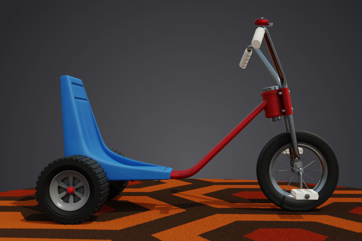 Tricycle on orange carpet Low-poly 3D model_4