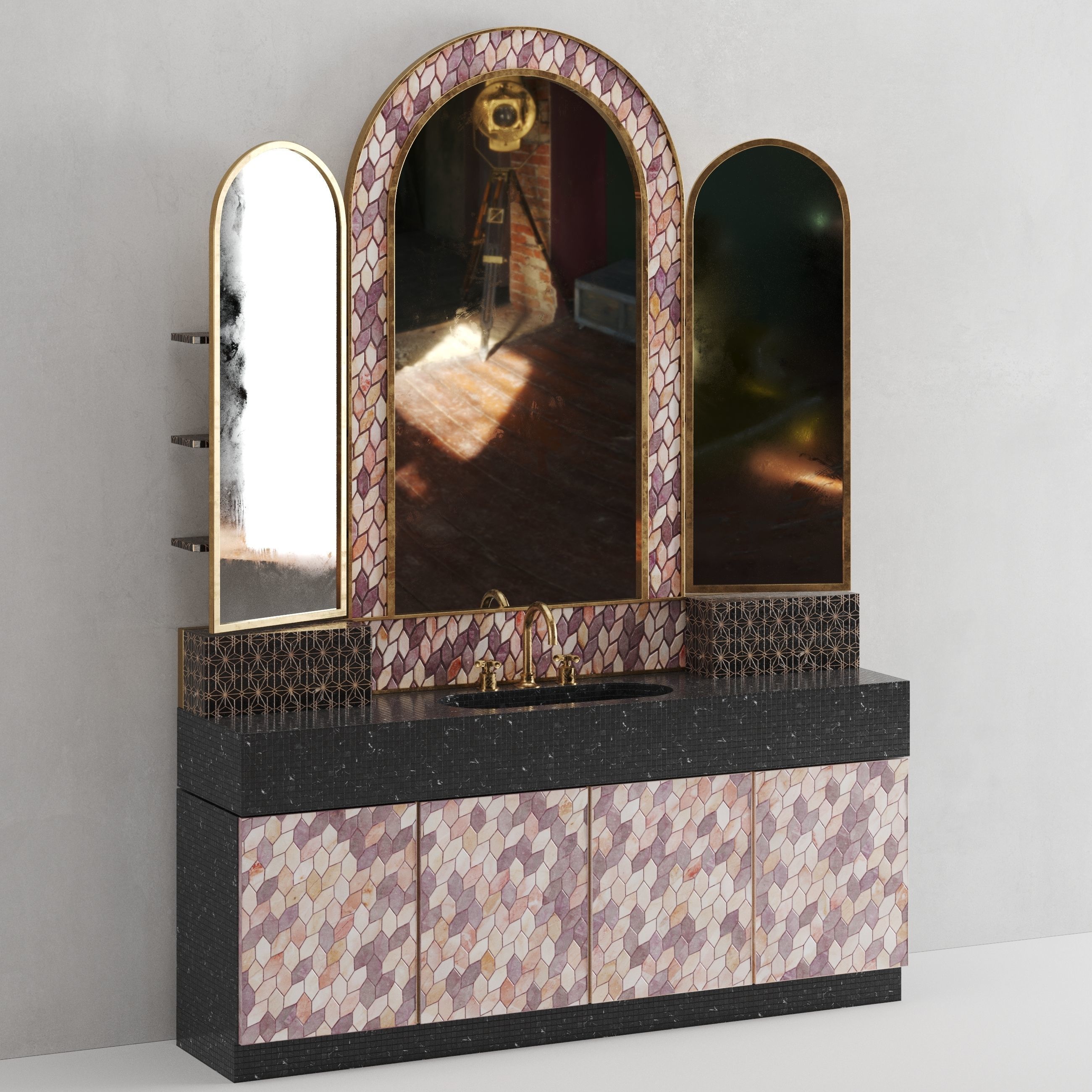 Bathroom Vanity Unit with pink feather pattern 3D model_1