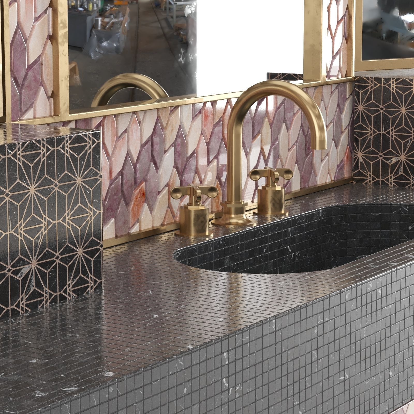 Bathroom Vanity Unit with pink feather pattern 3D model_3