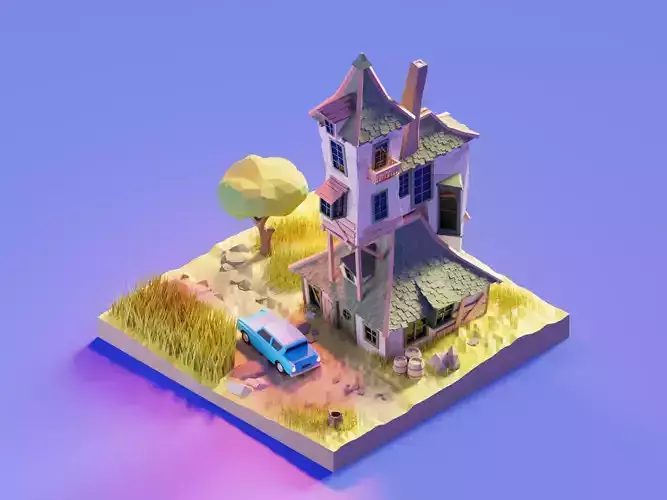 Burrow House and tree and grass 3d Render in blender