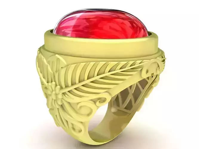 oval ruby men ring with texture leaves and flower 3838