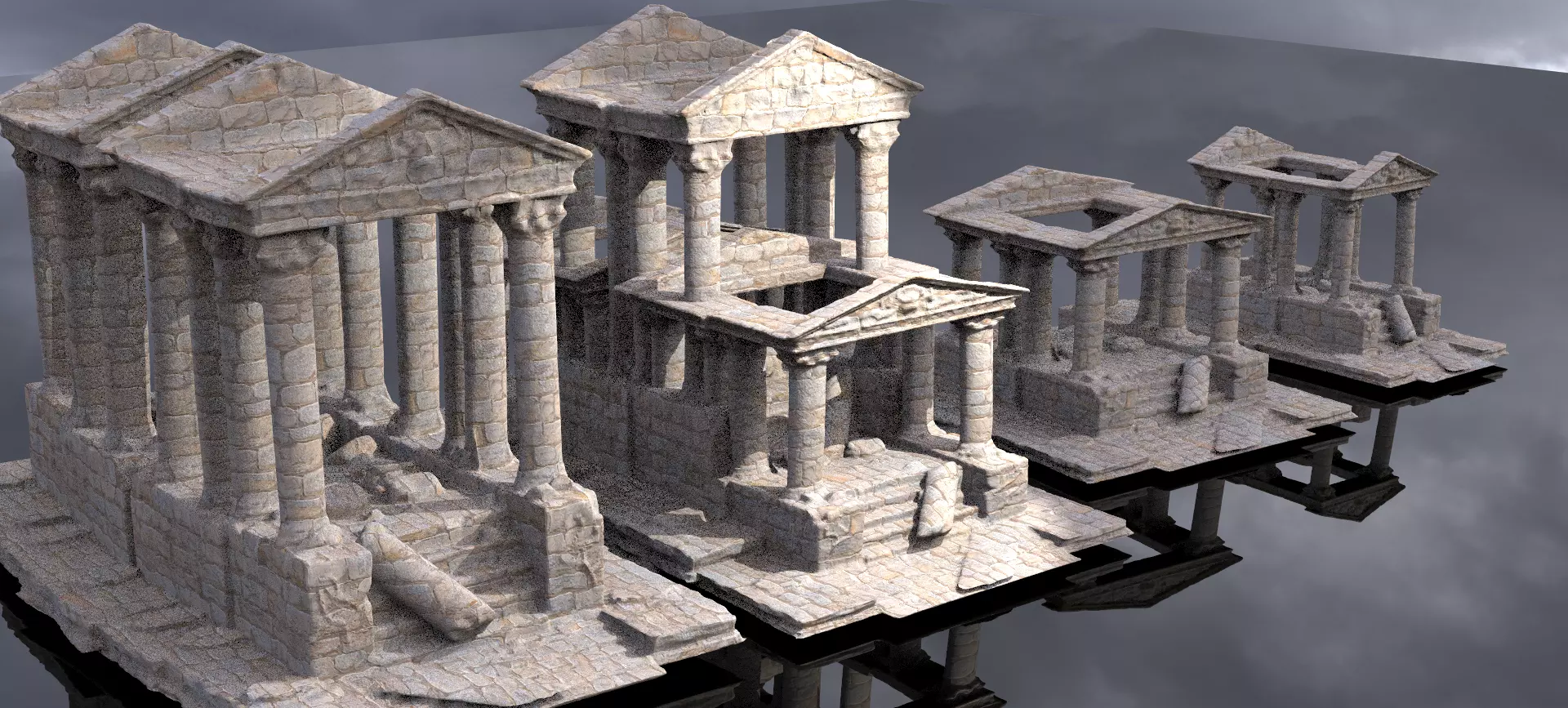Stylised ancient stone low res Greek ruin 5 versions 3D model_0