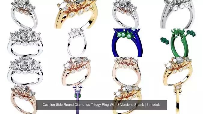 Cushion Side Round Diamonds Trilogy Ring With 3 Versions Shank 3D Model Collection