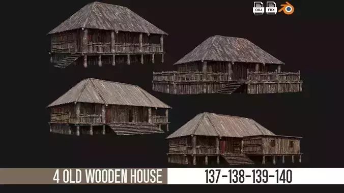 4 Old Wooden Houses Pack 4K Textures GameReady 137 to 140 Low-poly 3D model