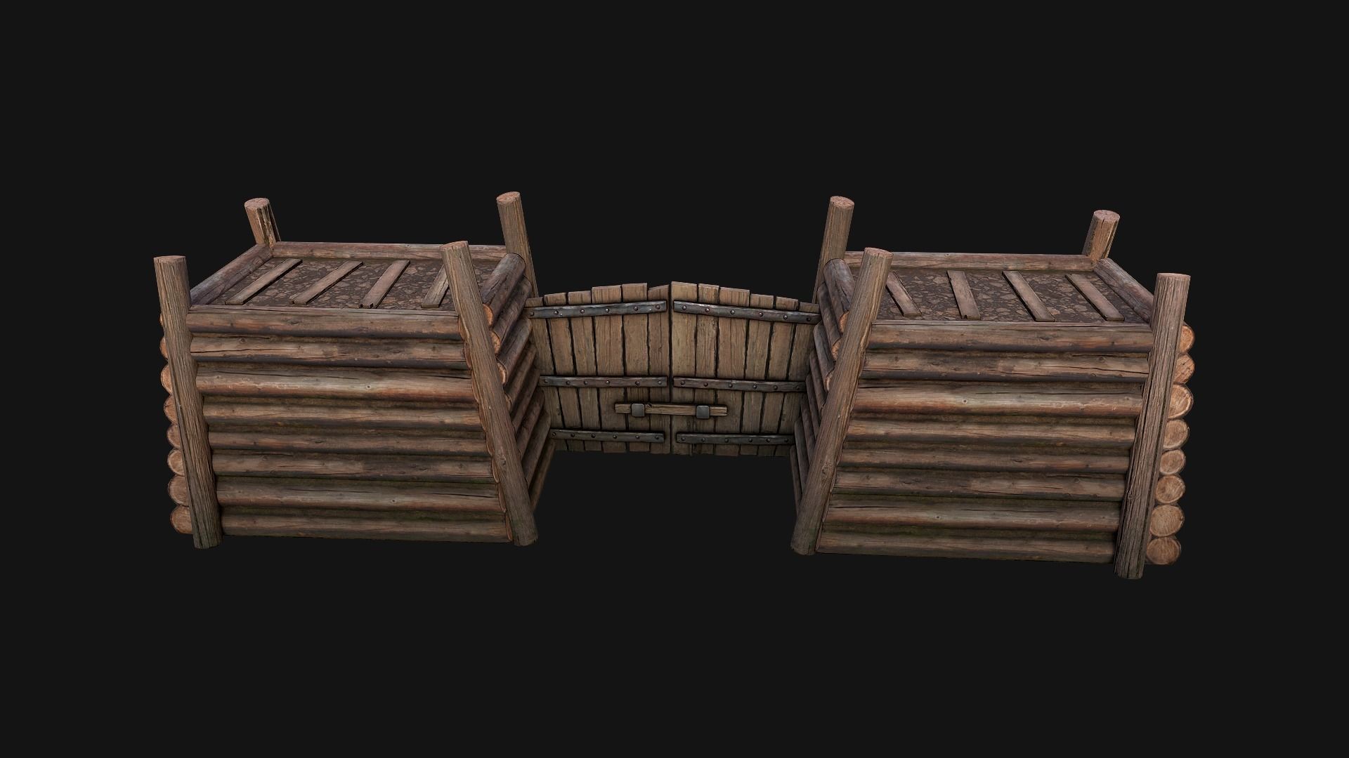Medieval Fortress Gate with  Wooden Wall Low-poly 3D model_5