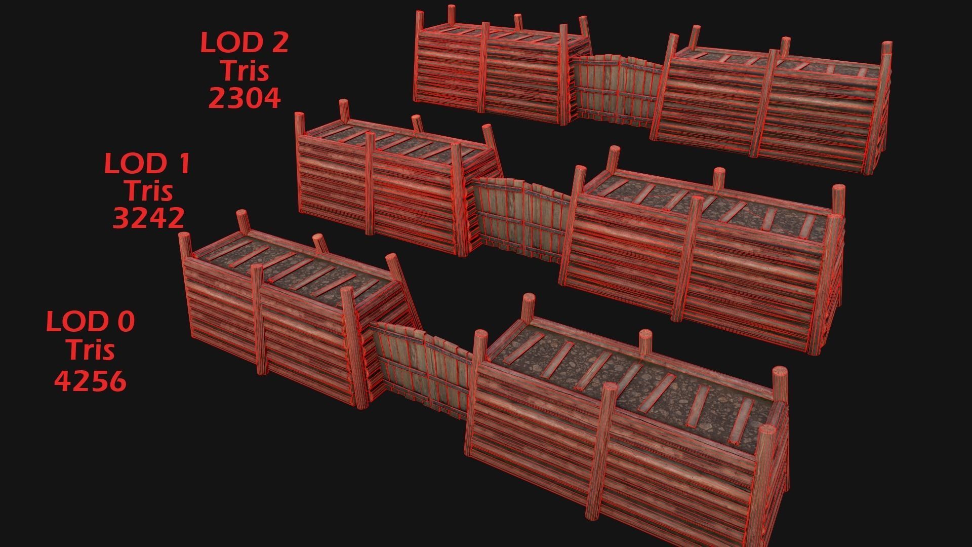 Medieval Fortress Gate with  Wooden Wall Low-poly 3D model_8