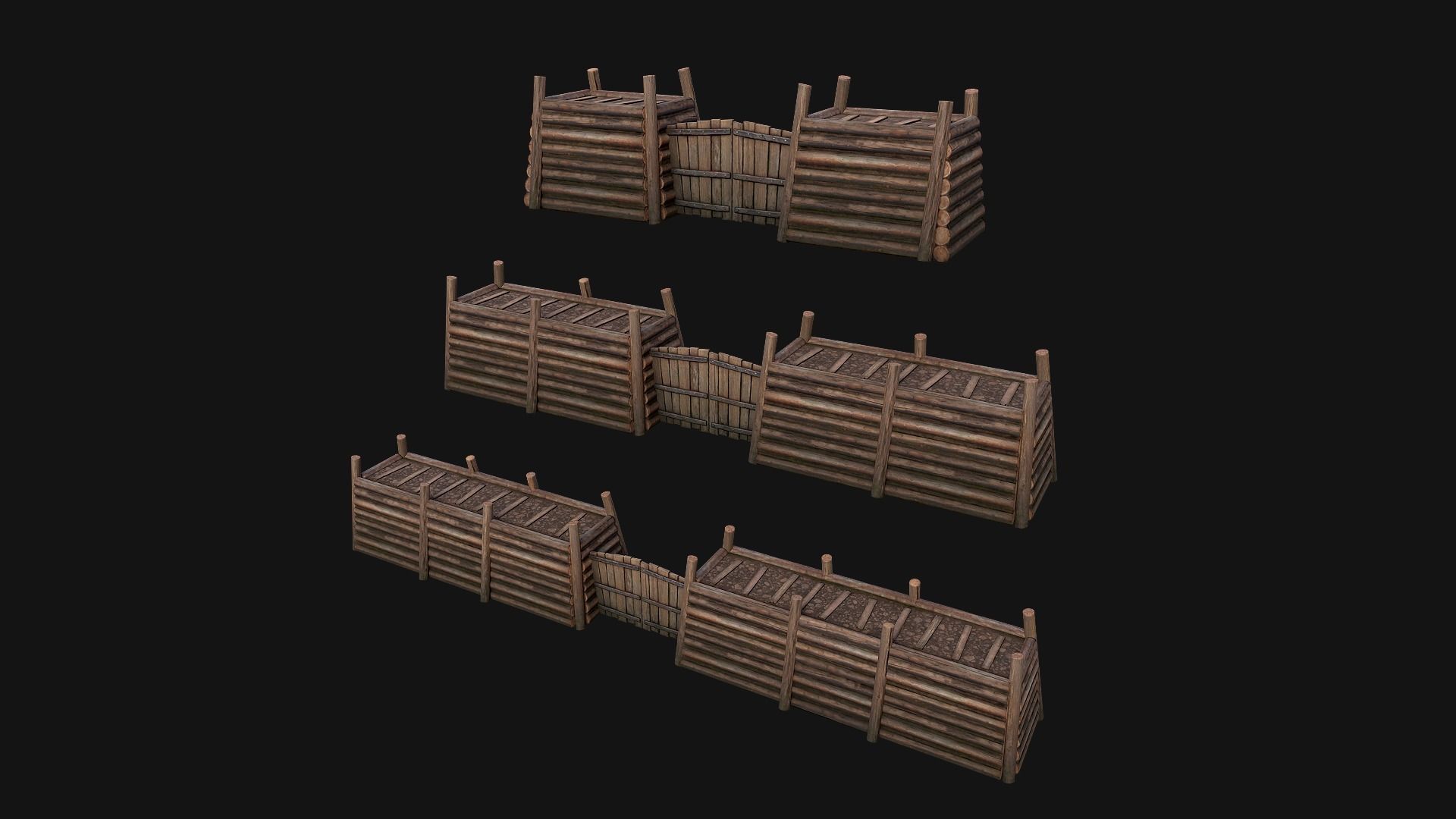 Medieval Fortress Gate with  Wooden Wall Low-poly 3D model_2