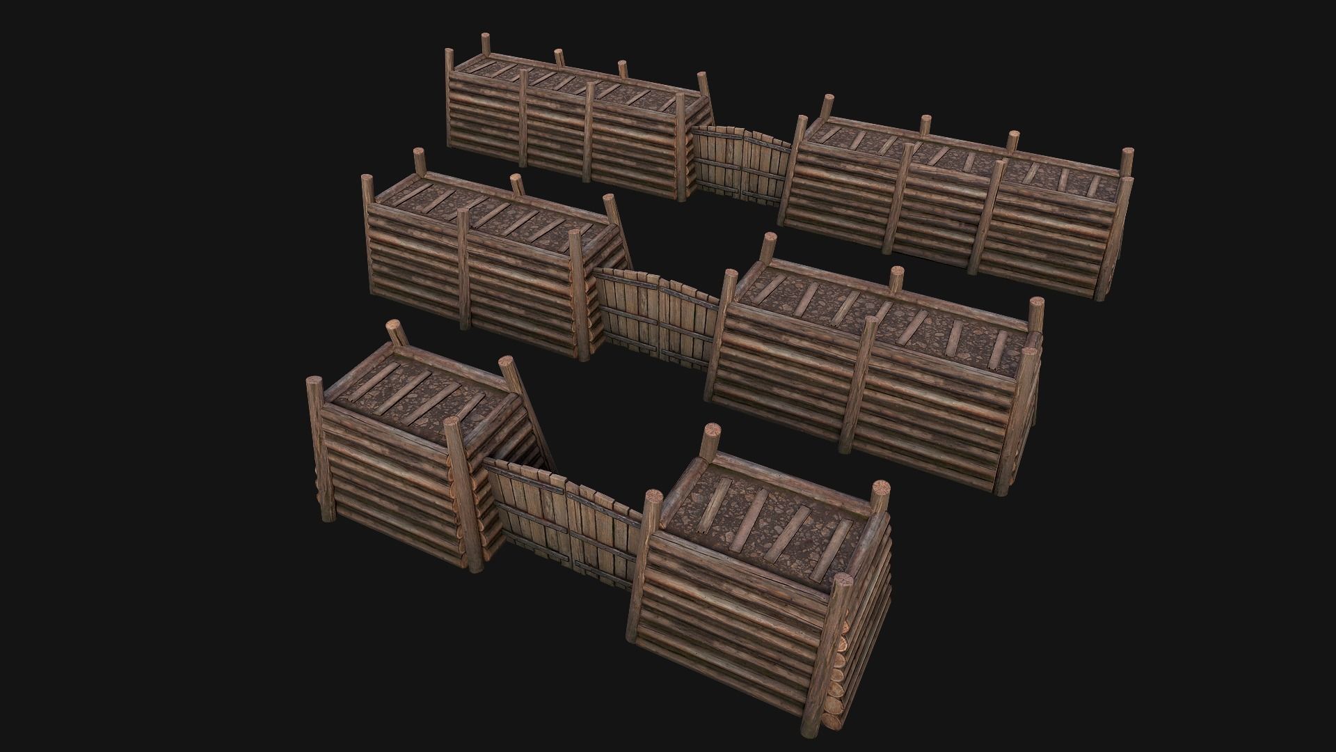 Medieval Fortress Gate with  Wooden Wall Low-poly 3D model_15