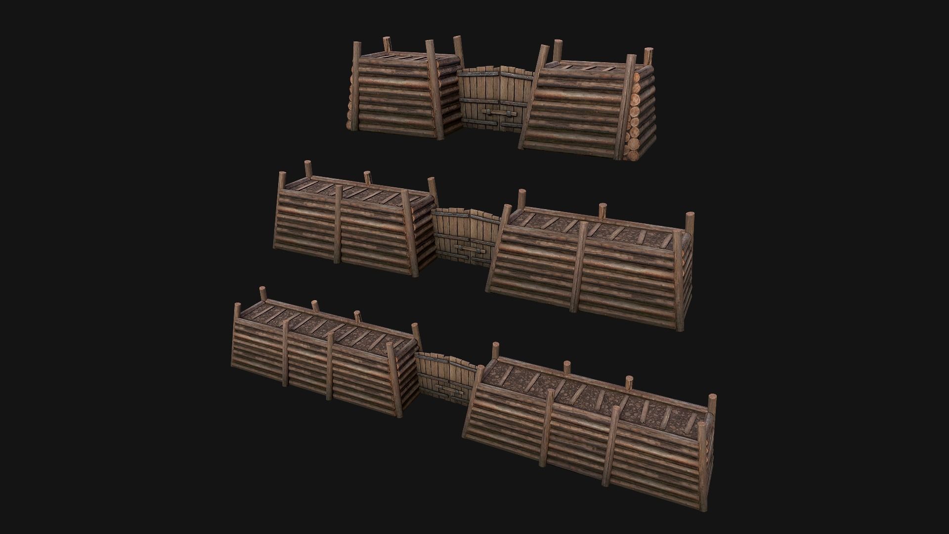 Medieval Fortress Gate with  Wooden Wall Low-poly 3D model_3