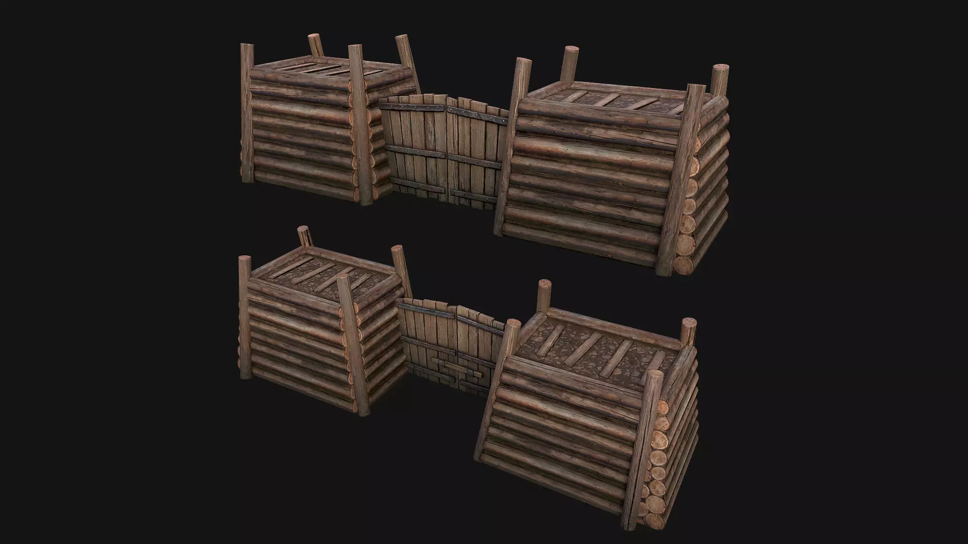Medieval Fortress Gate with  Wooden Wall Low-poly 3D model_0