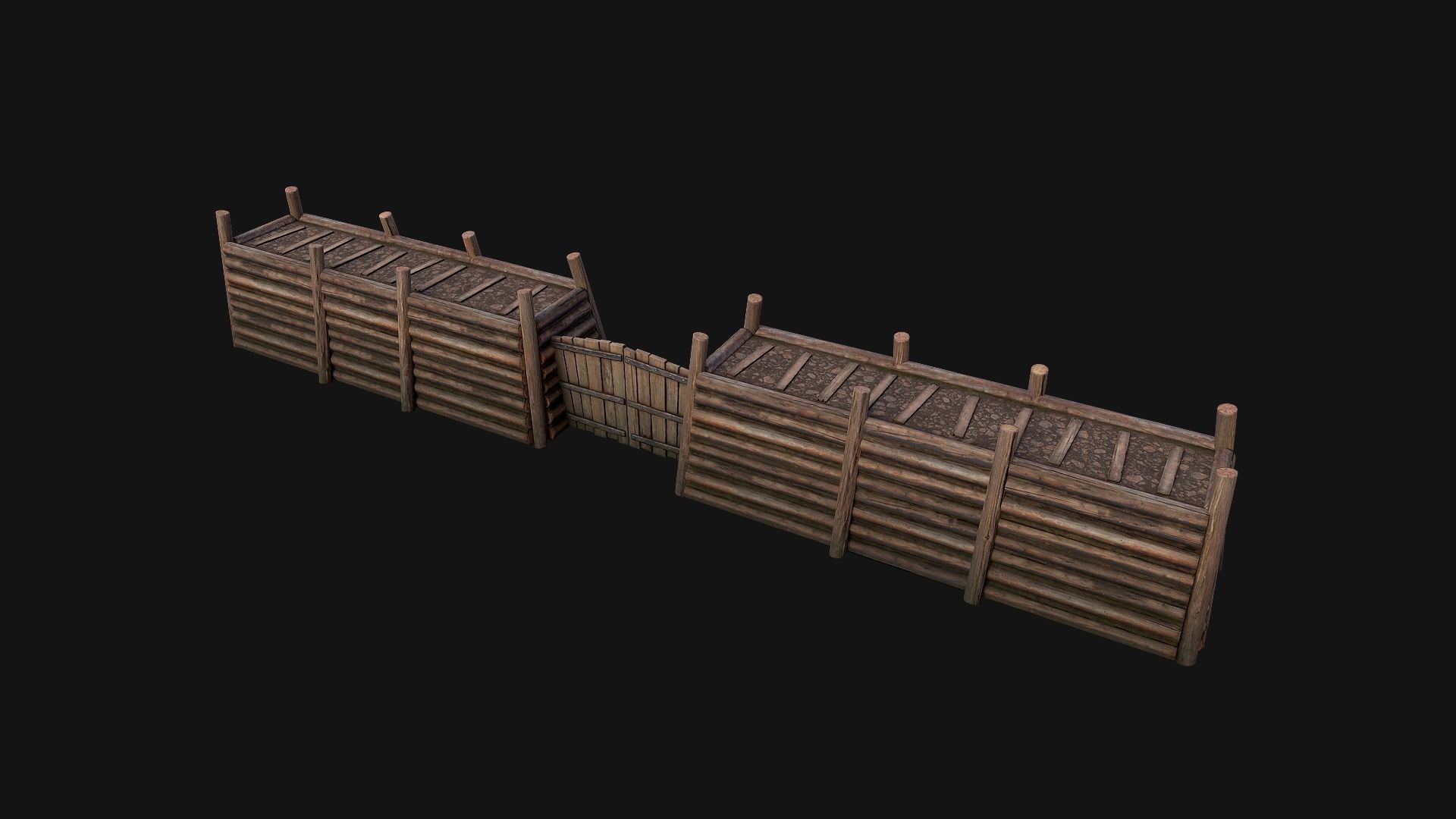 Medieval Fortress Gate with  Wooden Wall Low-poly 3D model_12