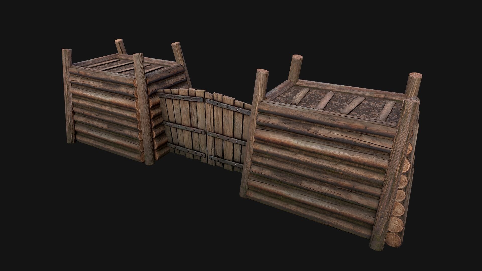 Medieval Fortress Gate with  Wooden Wall Low-poly 3D model_10