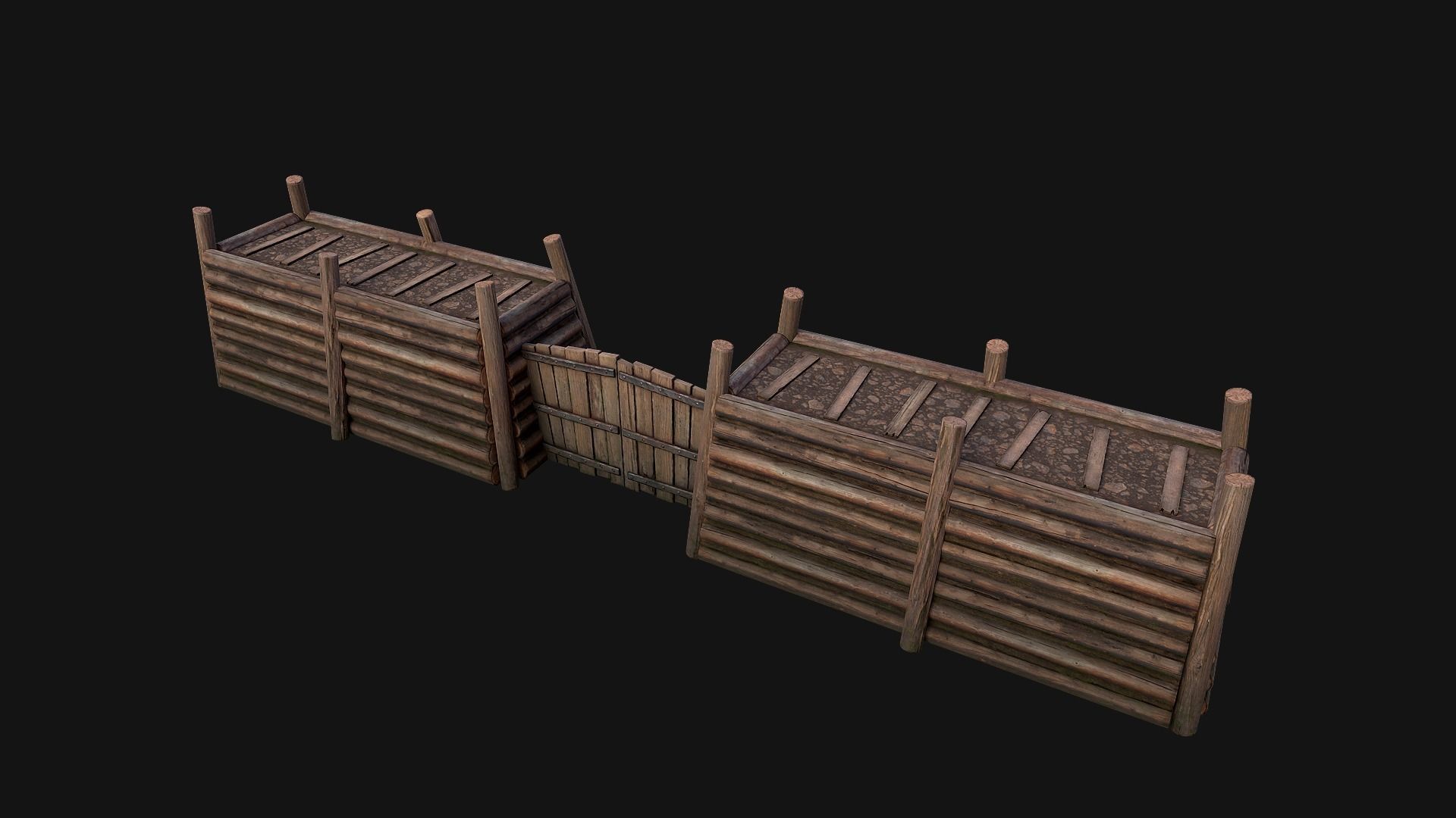 Medieval Fortress Gate with  Wooden Wall Low-poly 3D model_13