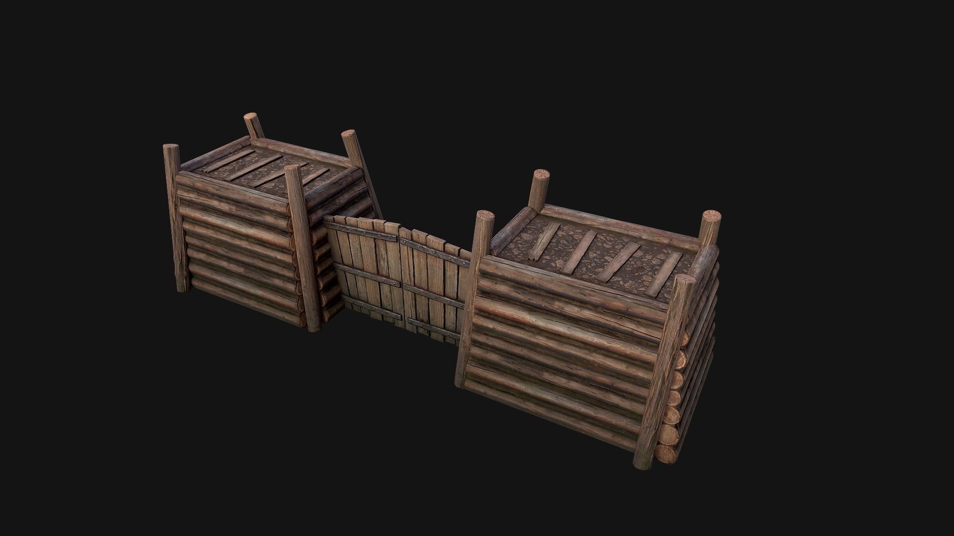 Medieval Fortress Gate with  Wooden Wall Low-poly 3D model_14