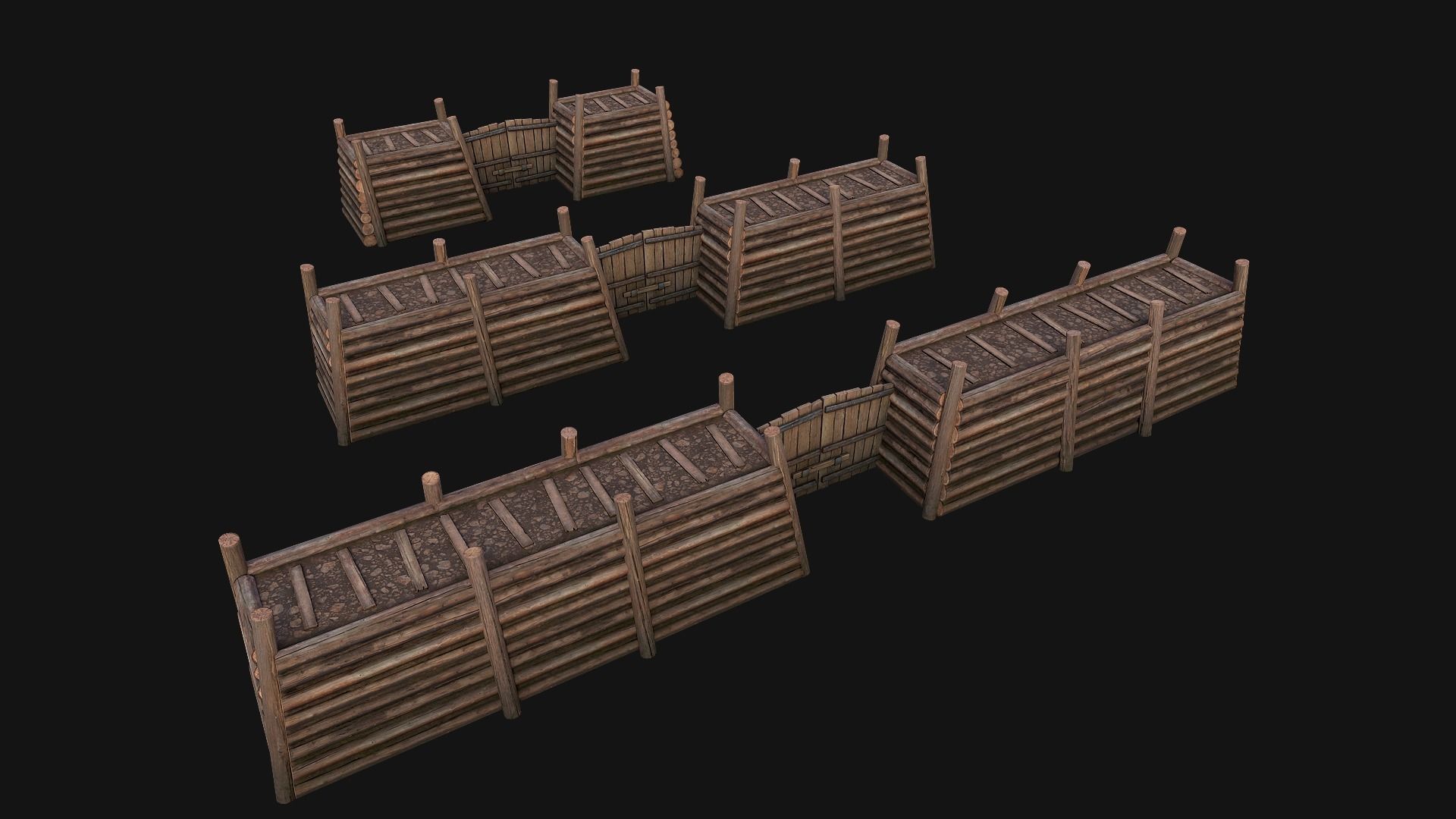 Medieval Fortress Gate with  Wooden Wall Low-poly 3D model_16