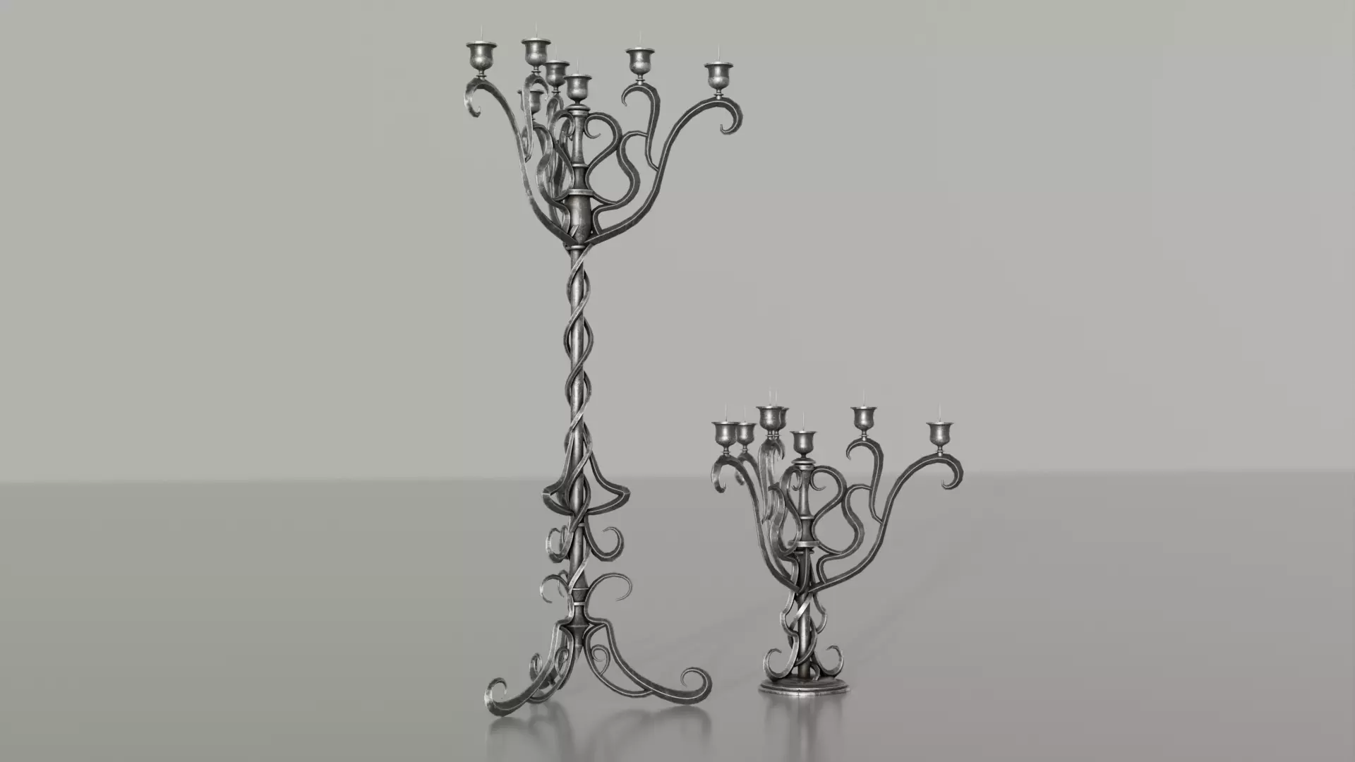 Two detailed game ready gothic-elvish candlesticks Low-poly 3D model_0